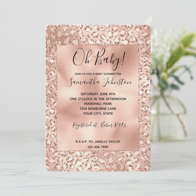 Peach Rose Gold Blush Pink Glitz Leopard Print  Invitation (Standing Front)
