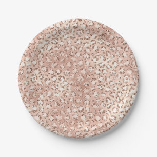 Peach Rose Gold Blush Pink Glitz Leopard Print Paper Plates