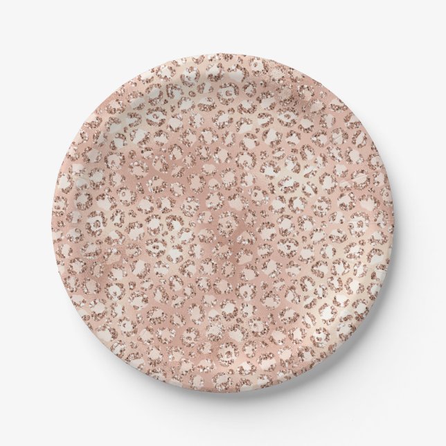 Peach Rose Gold Blush Pink Glitz Leopard Print     Paper Plates (Front)