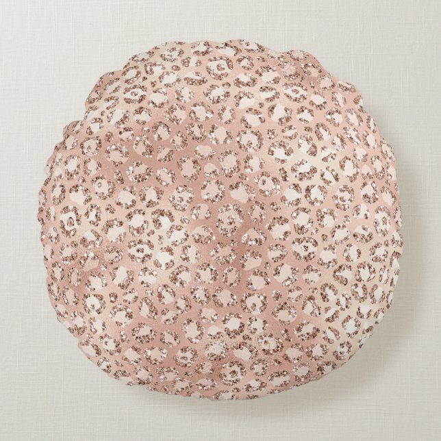 Peach Rose Gold Blush Pink Glitz Leopard Print   Round Pillow (Front)