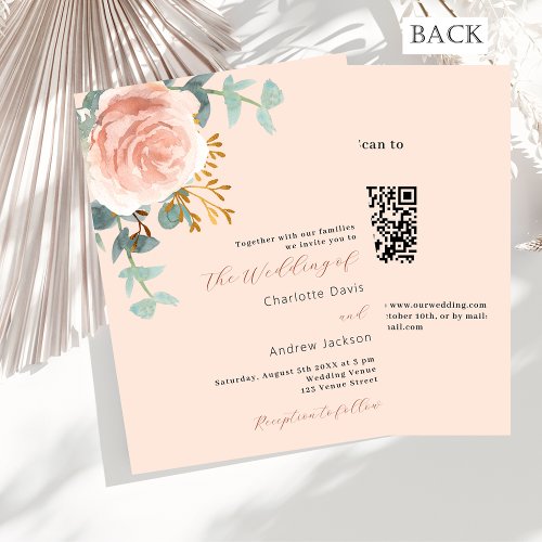 Peach rose gold floral QR RSVP luxury wedding Invitation