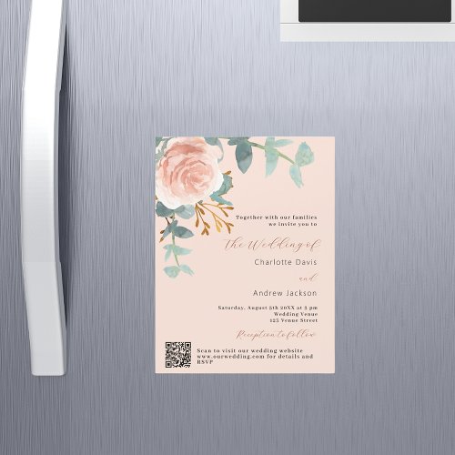 Peach rose gold floral QR RSVP luxury wedding Magnetic Invitation
