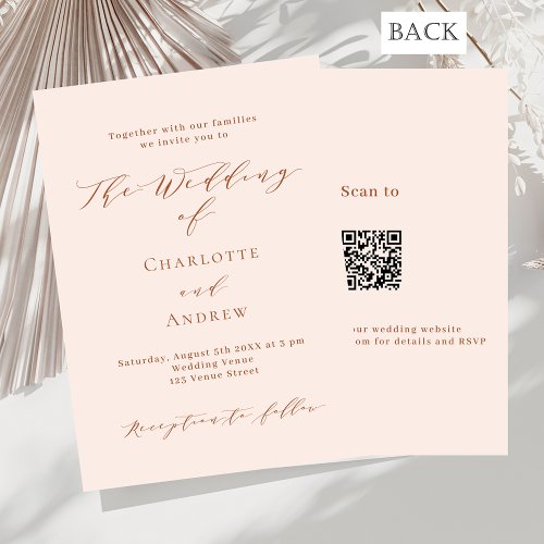 Peach rose gold formal QR code RSVP wedding Invitation