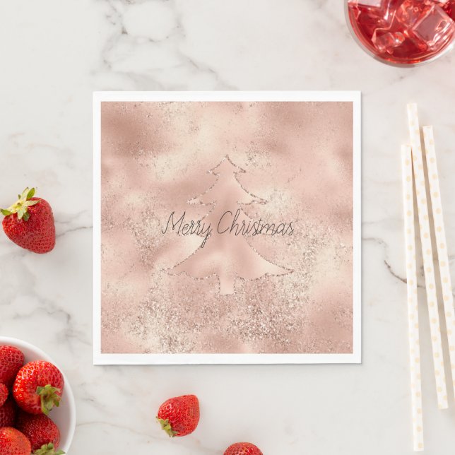 Peach Rose Gold Glitter Christmas Tree   Napkins (Insitu)
