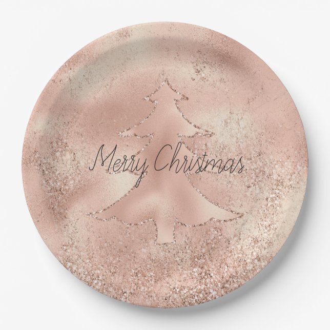 Peach Rose Gold Glitter Christmas Tree  Paper Plates (Front)