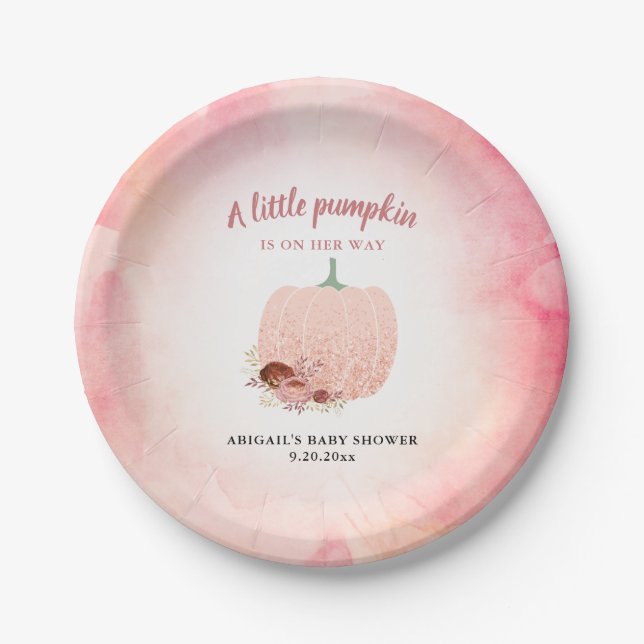 Peach & Rose Gold Glitter Pumpkin Baby Shower Paper Plates (Front)