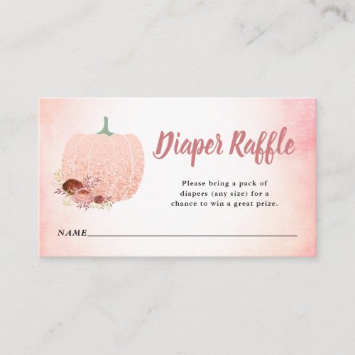 Peach & Rose Gold Glitter Pumpkin Diaper Raffle Enclosure Card - This autumn baby shower diaper raffle card features a graphic of a pumpkin accented with watercolor flowers and peach & rose gold glitter. 