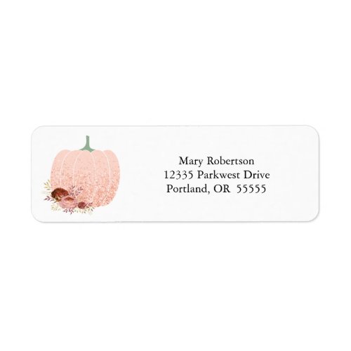 Peach & Rose Gold Glitter Pumpkin Return Address Label - This autumn return address label features a glamorous pumpkin accented with faux peach and rose gold glitter and fall colored flowers.