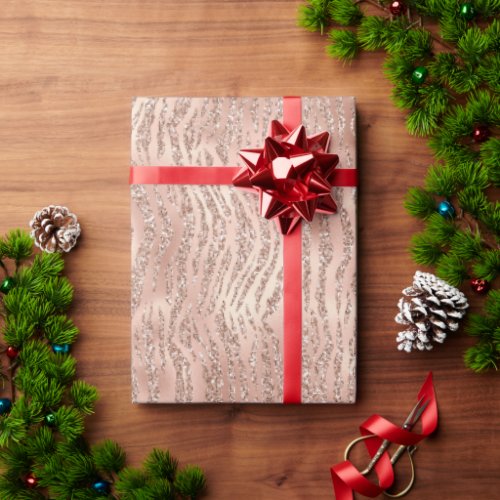 Peach Rose Gold Glitter Zebra Print Wrapping Paper