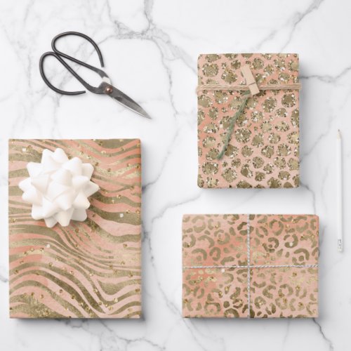 Peach Rose Gold Glitz Sparkle Animal Prints  Wrapping Paper Sheets