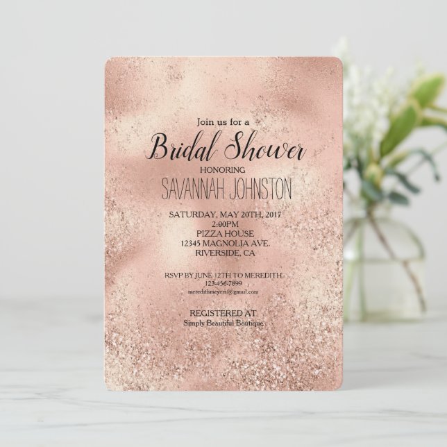 Peach Rose Gold Glitzy Glitter      Invitation (Standing Front)