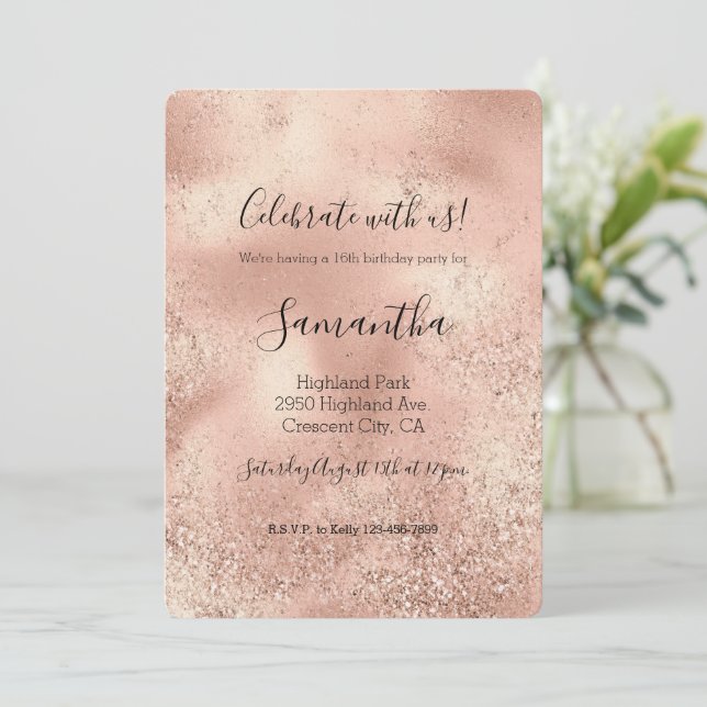 Peach Rose Gold Glitzy Glitter Invitation (Standing Front)
