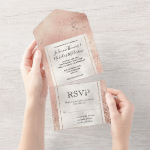 Peach Rose Gold Glitzy Glitter Luxe White  All In One Invitation
