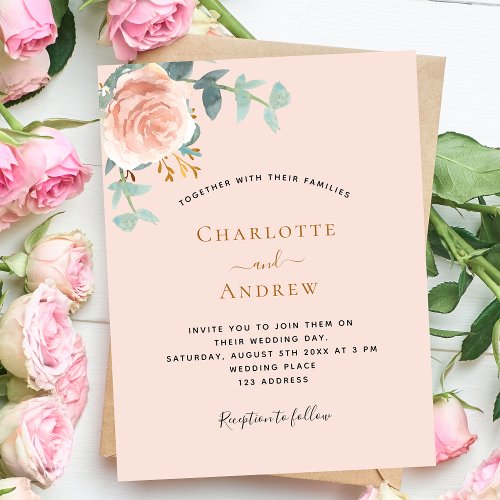 Peach rose gold greenery budget wedding invitation