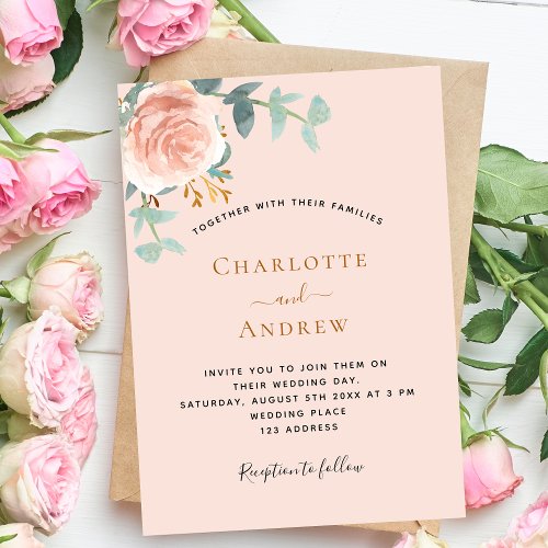 Peach rose gold greenery luxury wedding invitation