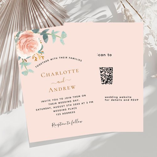 Peach rose gold greenery QR RSVP details wedding Invitation
