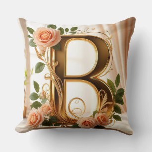 🌷 Peach Rose Gold Initial Letter B Decor ✨ Throw Pillow