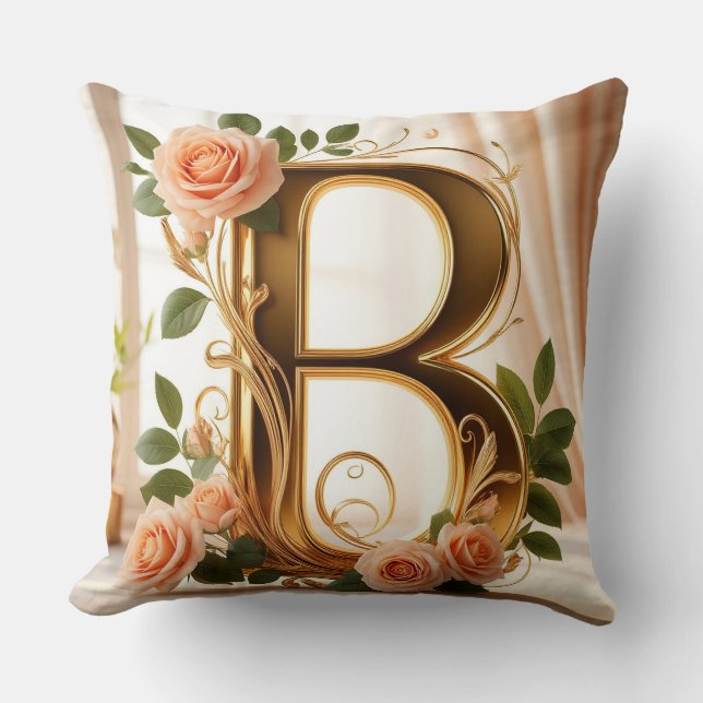 🌷 Peach Rose Gold Initial Letter B Decor ✨ Throw Pillow (Front)