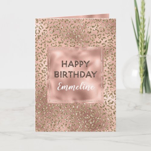 Peach Rose Gold Leopard Print Glitter Birthday    Card