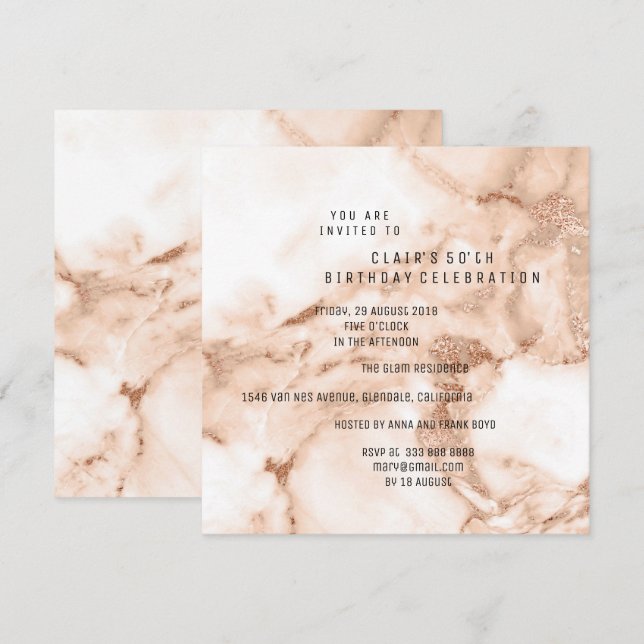Peach Rose Gold Marble Minimal Birthday Party Invitation (Front/Back)
