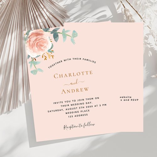 Peach rose gold QR RSVP budget wedding invitation