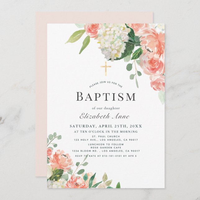 Peach Rose & Hydrangea Pink Girl Baptism Invitation (Front/Back)