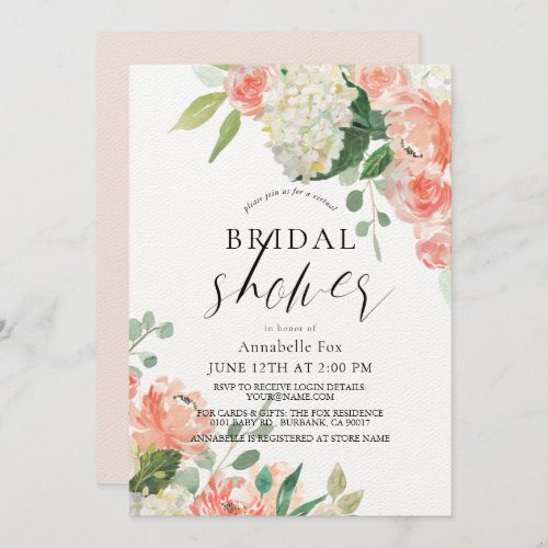 Peach Rose  Hydrangea Virtual Bridal Shower Invitation