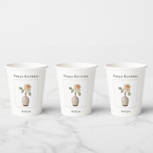 Peach Rose in Vase Birthday Paper Cups