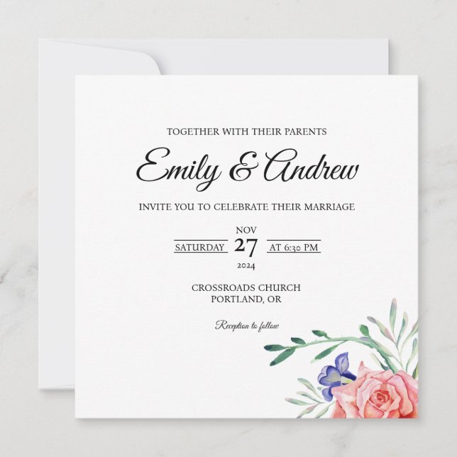 Peach Rose Leaf Floral Watercolor Square Wedding Invitation (Front)