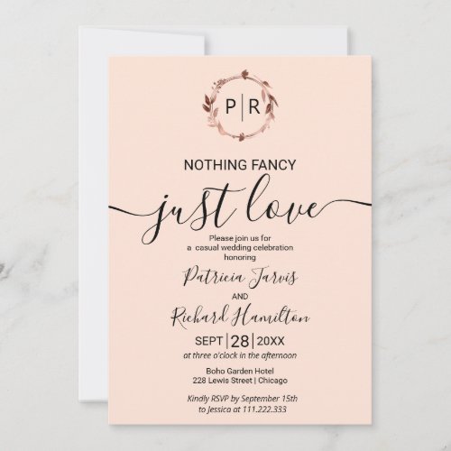 Peach Rose Monogram Calligraphy Photo Wedding Invitation