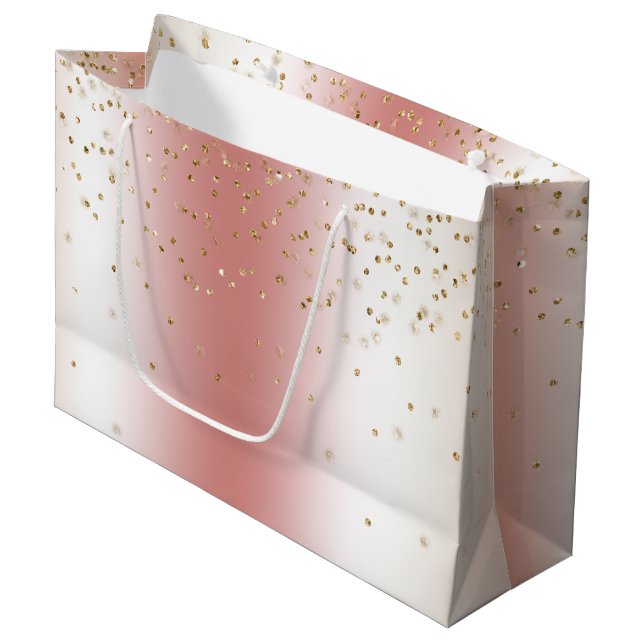 Peach Rose Ombre Gold Bokeh Glitter Christmas Large Gift Bag (Front Angled)