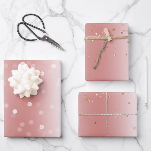 Peach Rose Ombre Gold Glitter Confetti Christmas Wrapping Paper Sheets (Front)