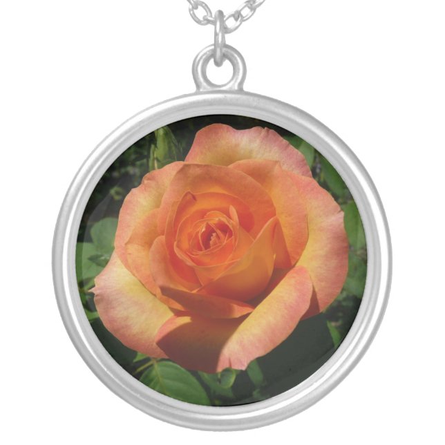 Peach Rose Orange Floral Photography Silver Plated Necklace (Front)