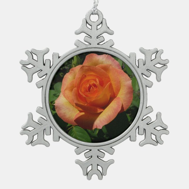 Peach Rose Orange Floral Photography Snowflake Pewter Christmas Ornament (Front)