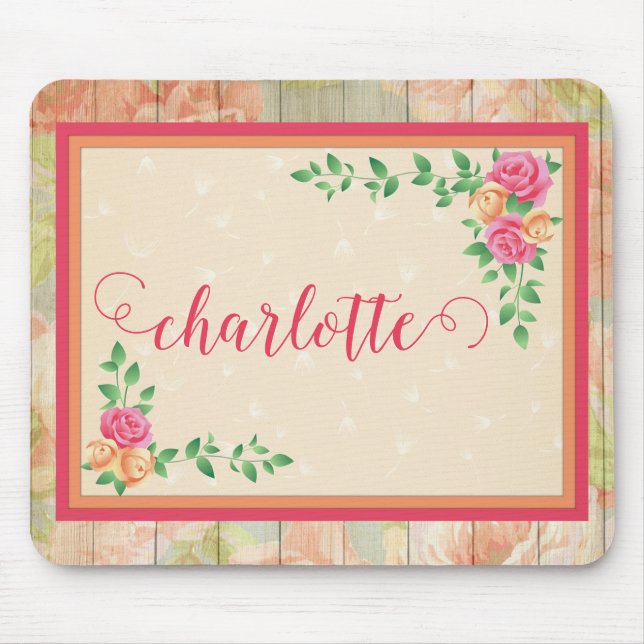 Peach Rose Pattern Country Fence Name Mouse Pad (Front)