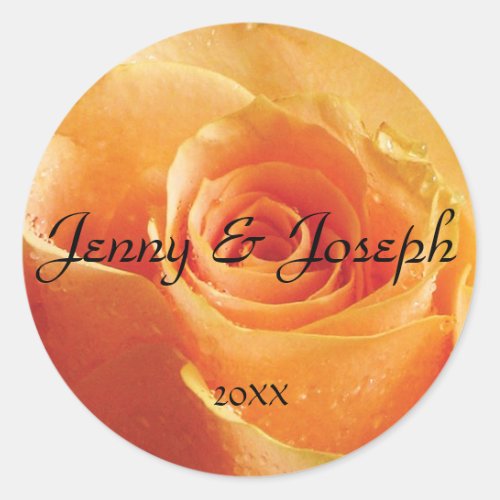 Peach Rose Personalized Round Wedding Sticker