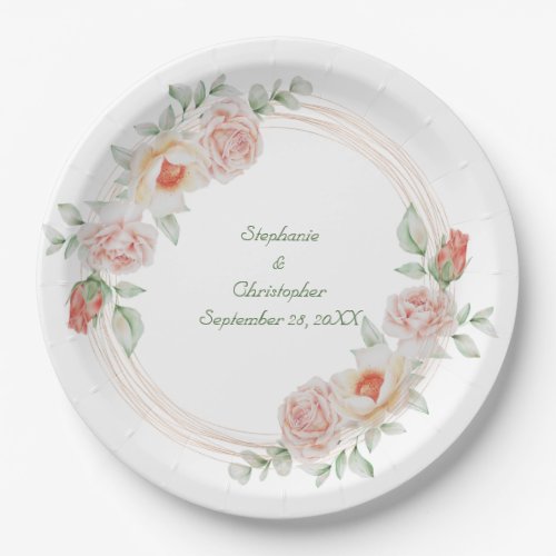 Peach Rose Pink Green Floral Gold Frame Wedding Paper Plates