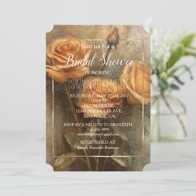Peach Rose Romantic Floral Gold Bridal Shower Invitation (Standing Front)