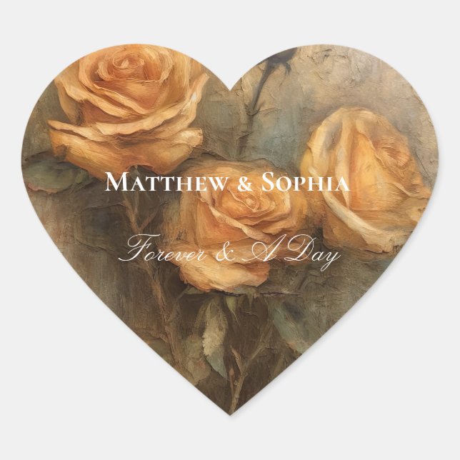 Peach Rose Romantic Wedding Floral  Heart Sticker (Front)