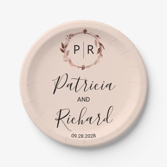 Peach Rose rose gold foil Monogram Wedding Paper Plates (Front)