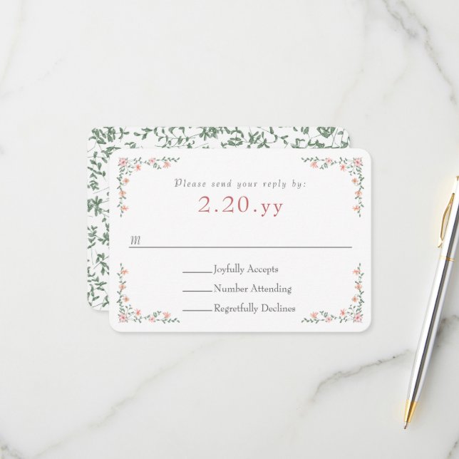 Peach Rose Vine Border Wedding RSVP Card (Front/Back In Situ)