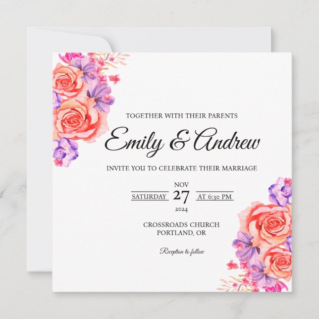 Peach Rose Violet Floral Watercolor Square Wedding Invitation (Front)