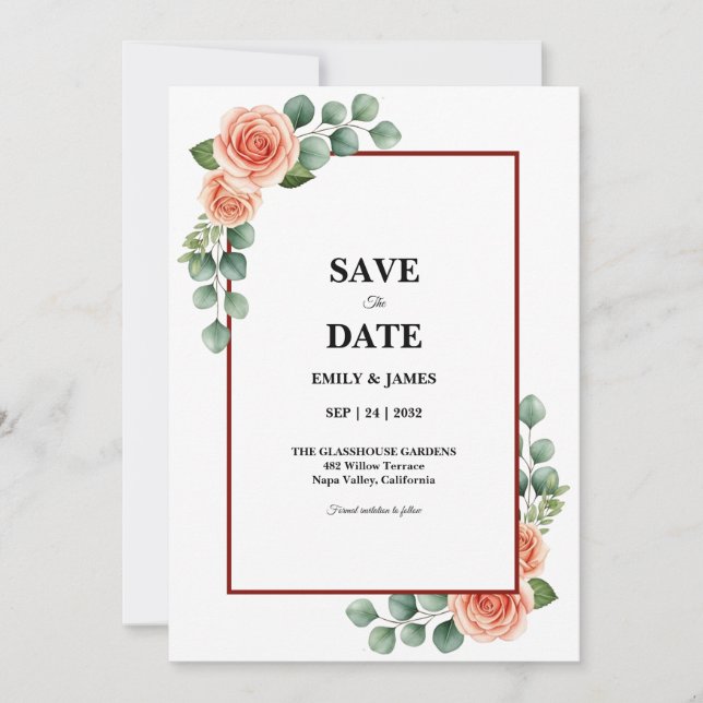 Peach Rose Watercolor Eucalyptus Border Save the  Date (Front)