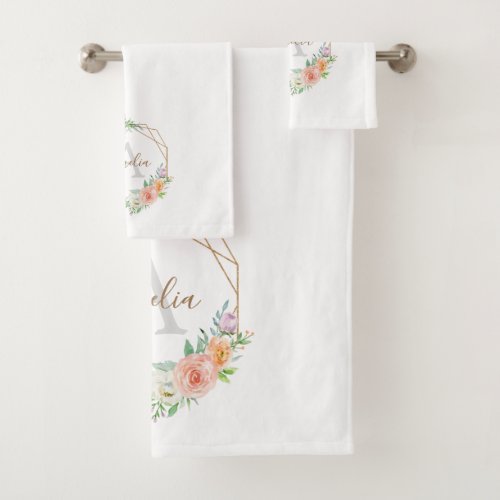 Peach Rose Watercolor Floral Monogram Bath Towel Set