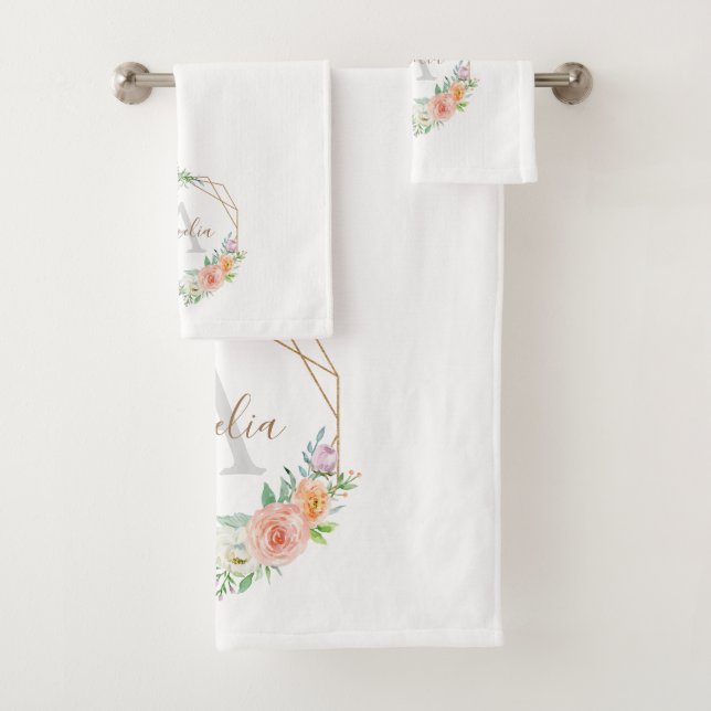 Peach Rose Watercolor Floral Monogram Bath Towel Set (Insitu)