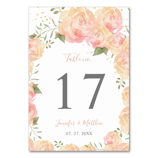 Peach Rose Watercolor Floral Wedding Table Number  (Front)