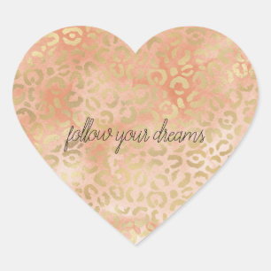 Peach Rose Watercolor Gold Leopard Print Heart Sticker