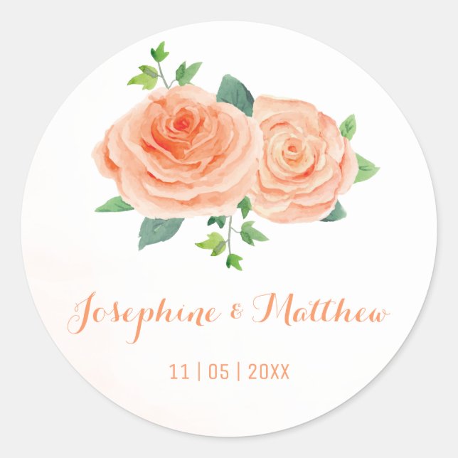 Peach Rose Watercolor Wedding Stickers (Front)