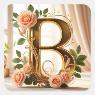 🌷 Peach Rose Wedding Initial Letter B Decor ✨ Square Sticker