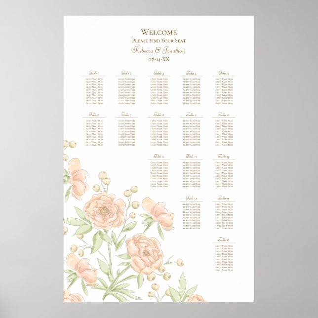 Peach Rose Wedding Seating Chart (Front)